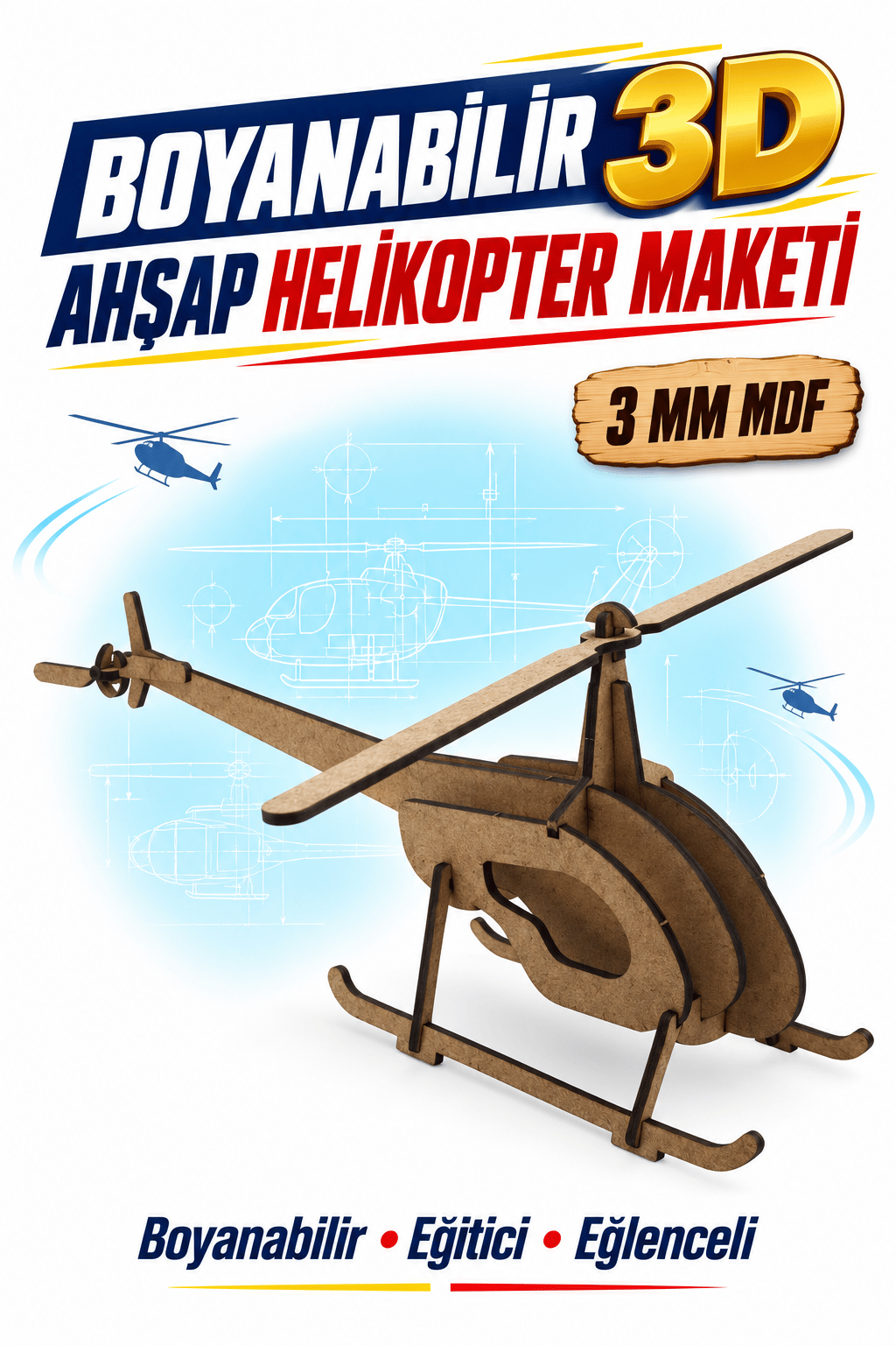 3D Boyanabilir Ahşap Helikopter Maketi Kendin Yap Eğitici Oyuncak