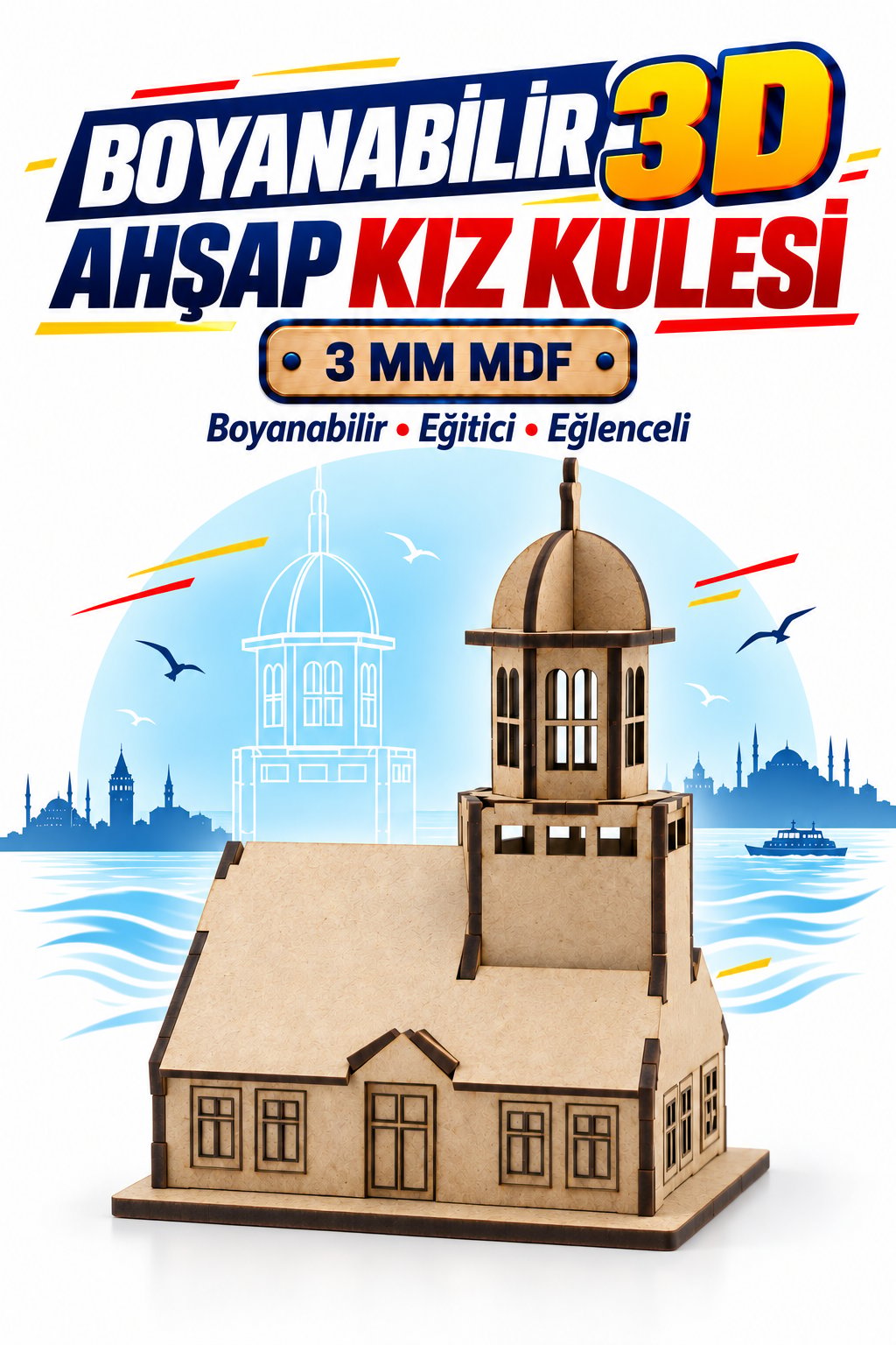 3D Boyanabilir Ahşap Kız Kulesi Maketi Kendin Yap Eğitici Oyuncak