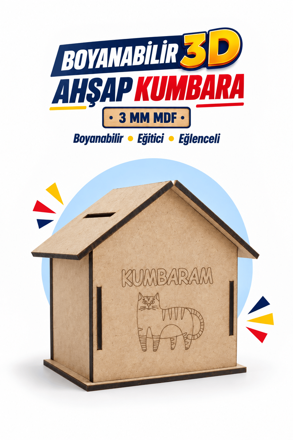 3D Boyanabilir Ahşap Kumbara Maketi Kendin Yap Eğitici Oyuncak