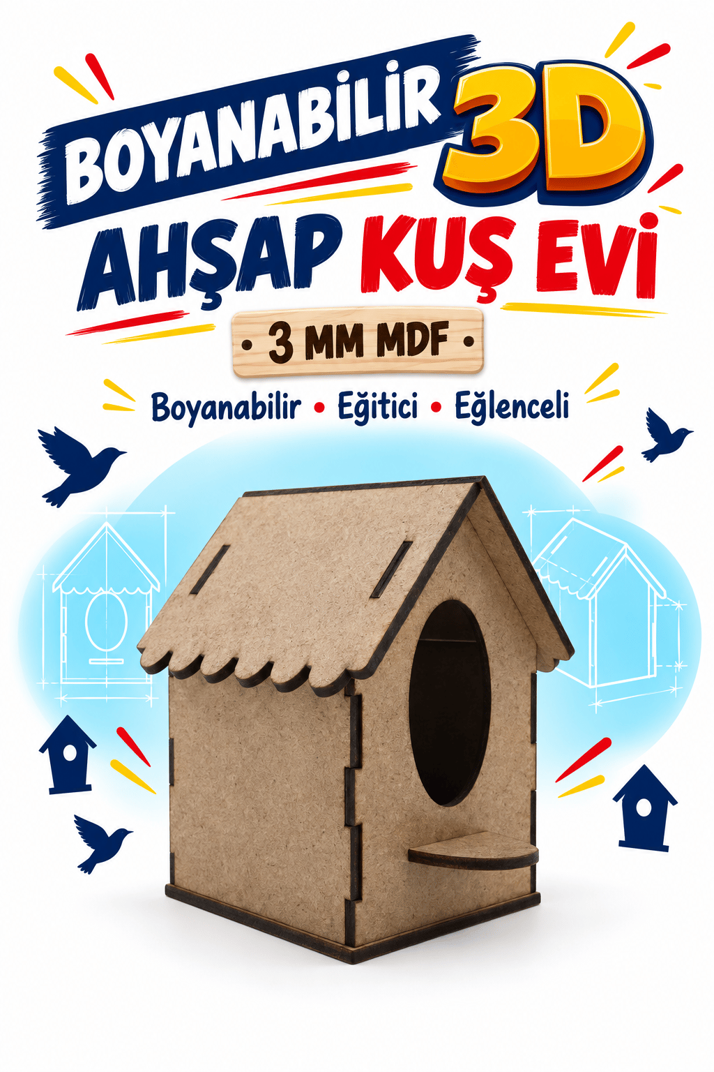 3D Boyanabilir Ahşap Kuş Evi Maketi Kendin Yap Eğitici Oyuncak