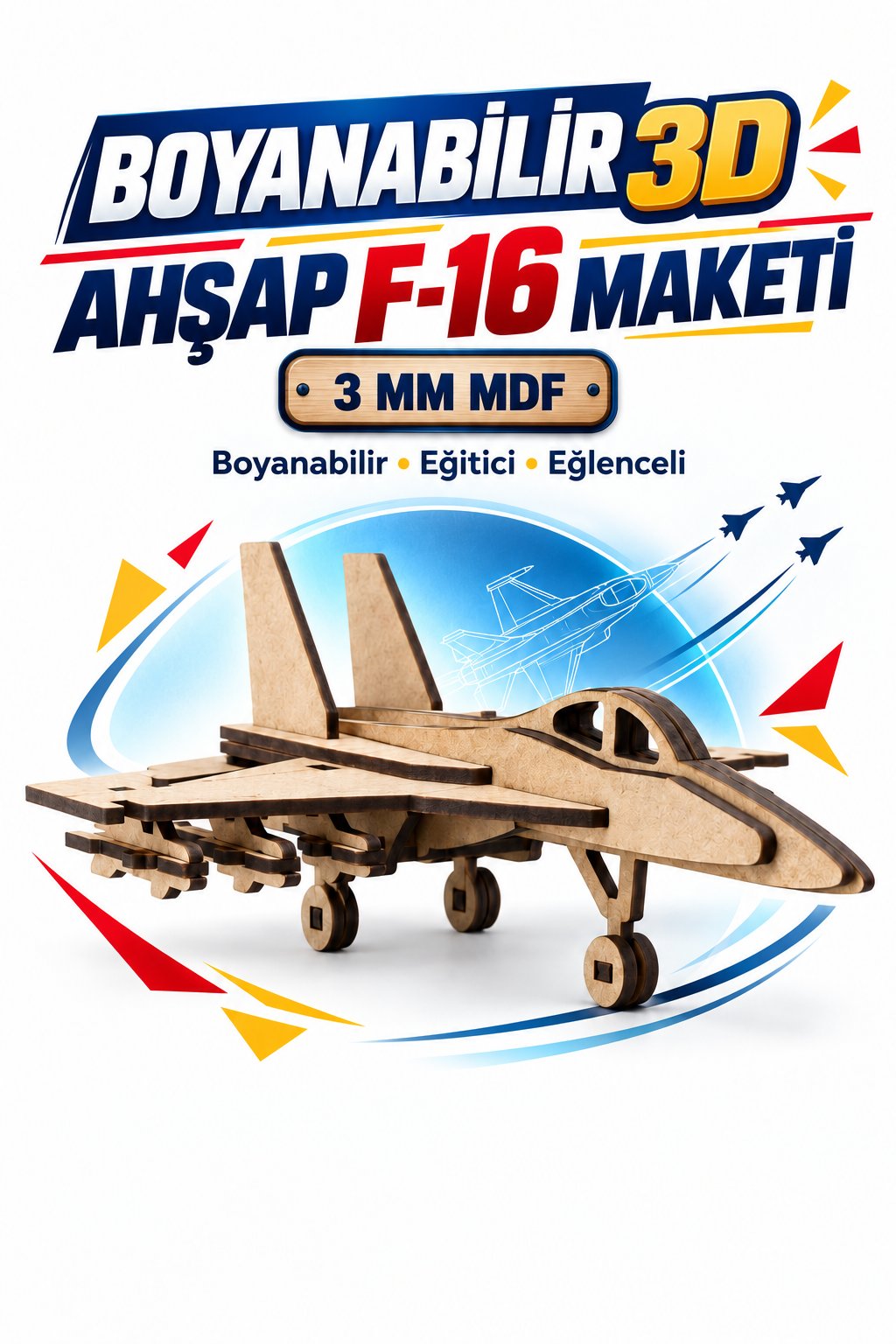 3D Boyanabilir Ahşap Savaş Uçağı Maketi Kendin Yap Eğitici Oyuncak