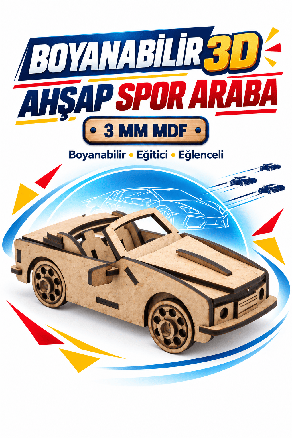 3D Boyanabilir Ahşap Spor Araba Maketi Kendin Yap Eğitici Oyuncak