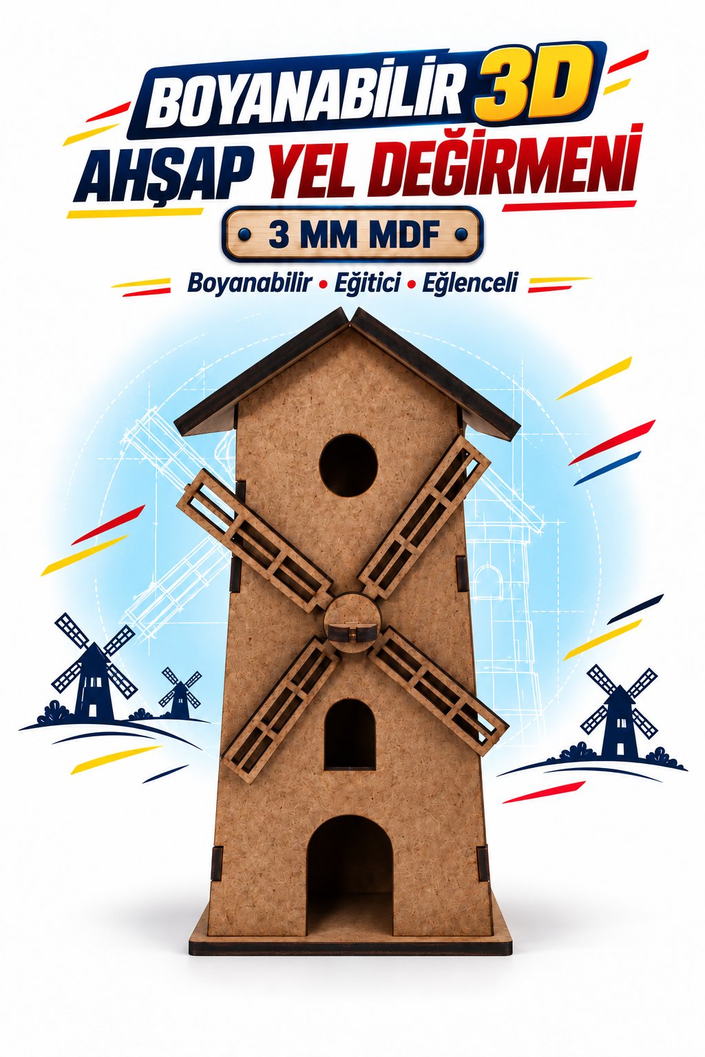 3D Boyanabilir Ahşap Yel Değirmeni Maketi Kendin Yap Eğitici Oyuncak