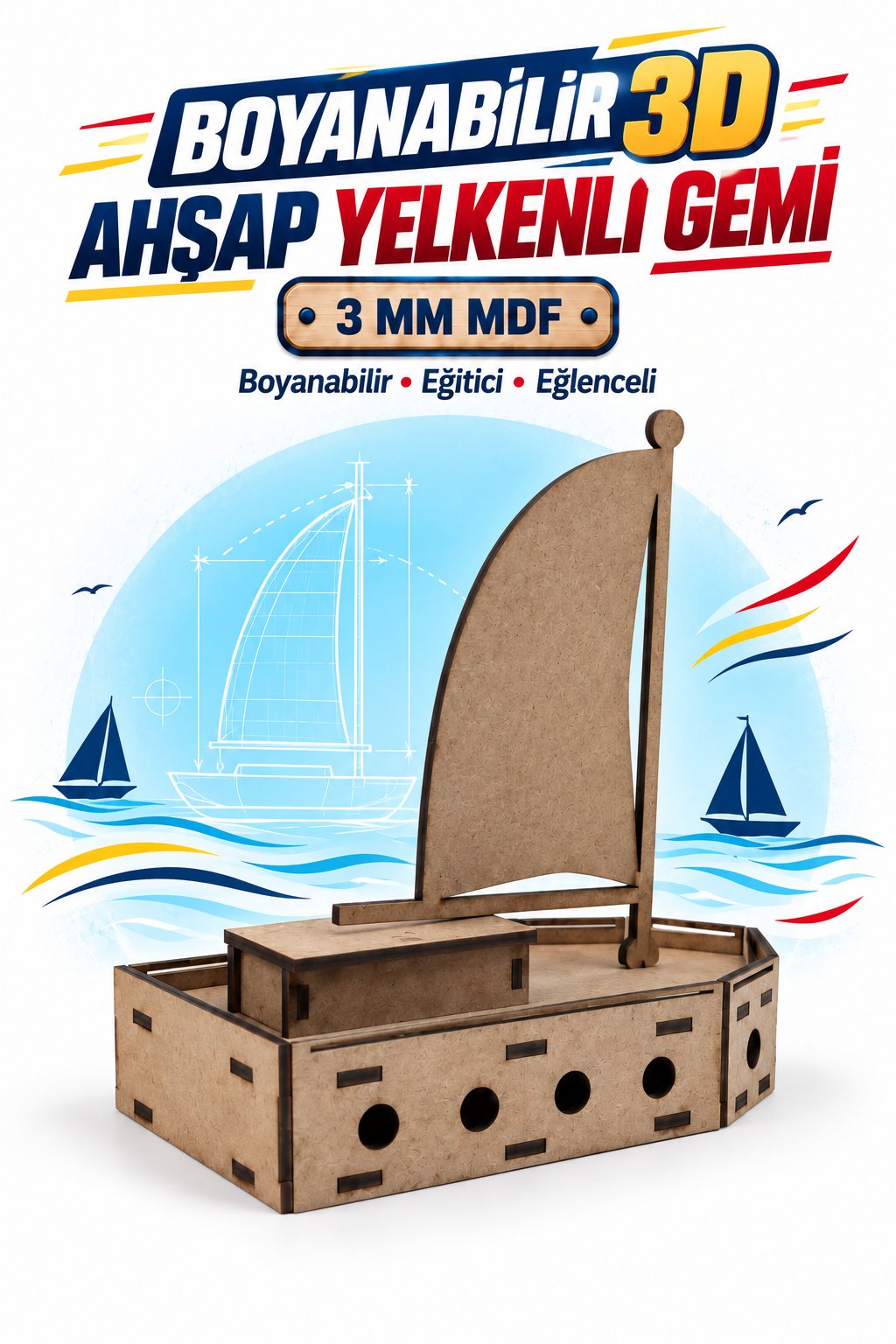 3D Boyanabilir Ahşap Yelkenli Gemi Maketi Kendin Yap Eğitici Oyuncak