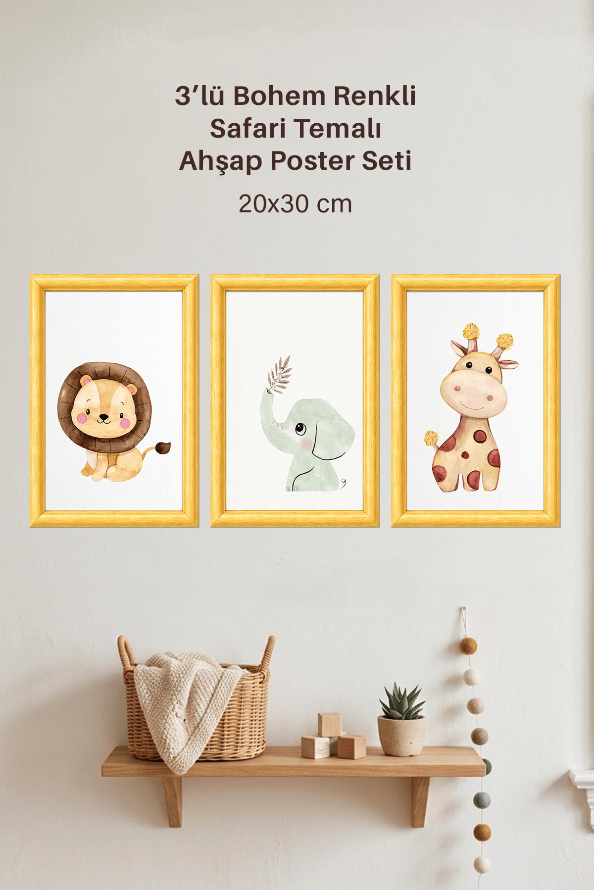 3'Lü Ahşap Bohem Renkli Safari Tasarımlı Çocuk ve Bebek Odası Çerçevesiz Poster Seti 20x30 cm