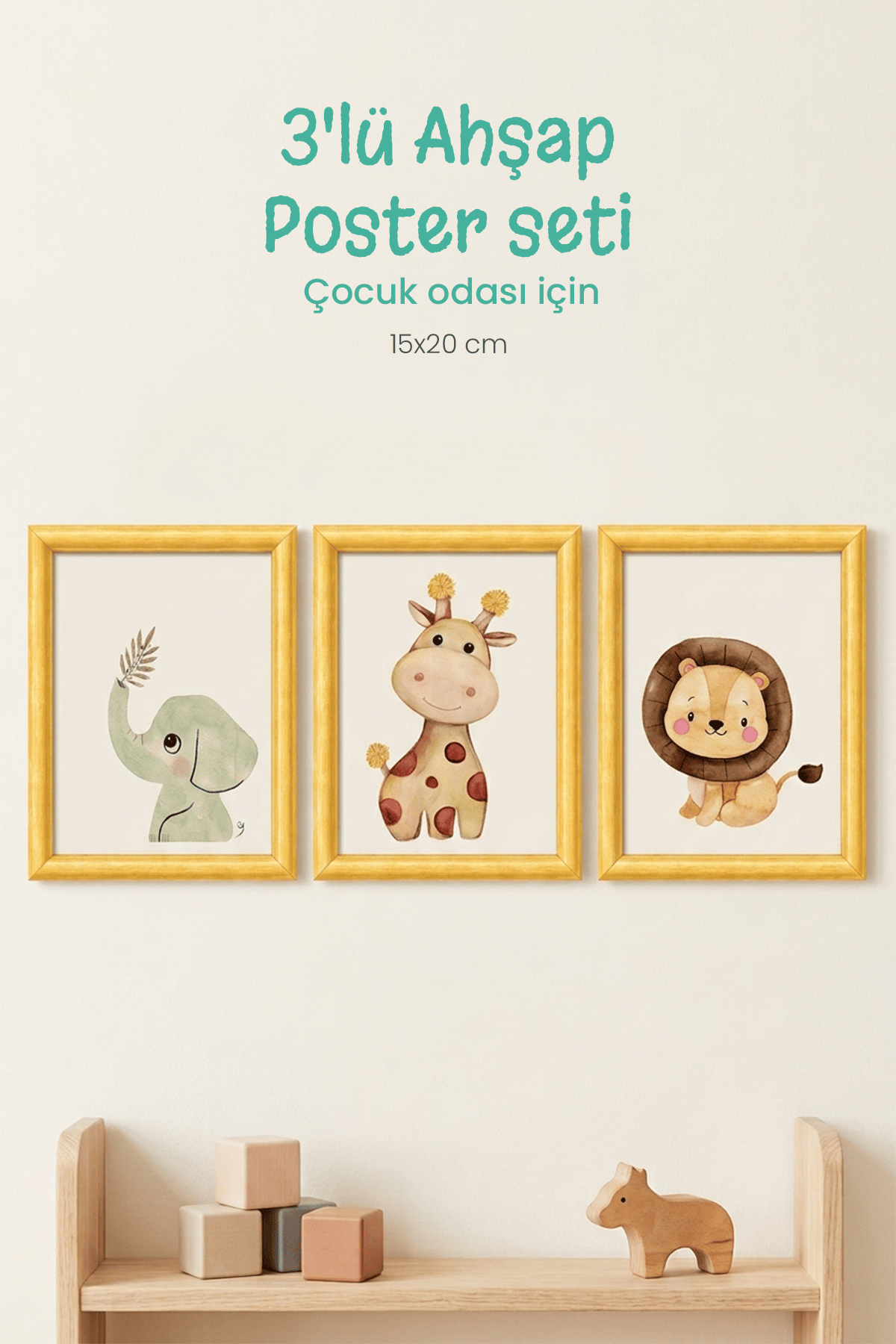 3'Lü Ahşap Bohem Renkli Safari Tasarımlı Çocuk ve Bebek Odası Çerçevesiz Poster Seti 15x2o cm