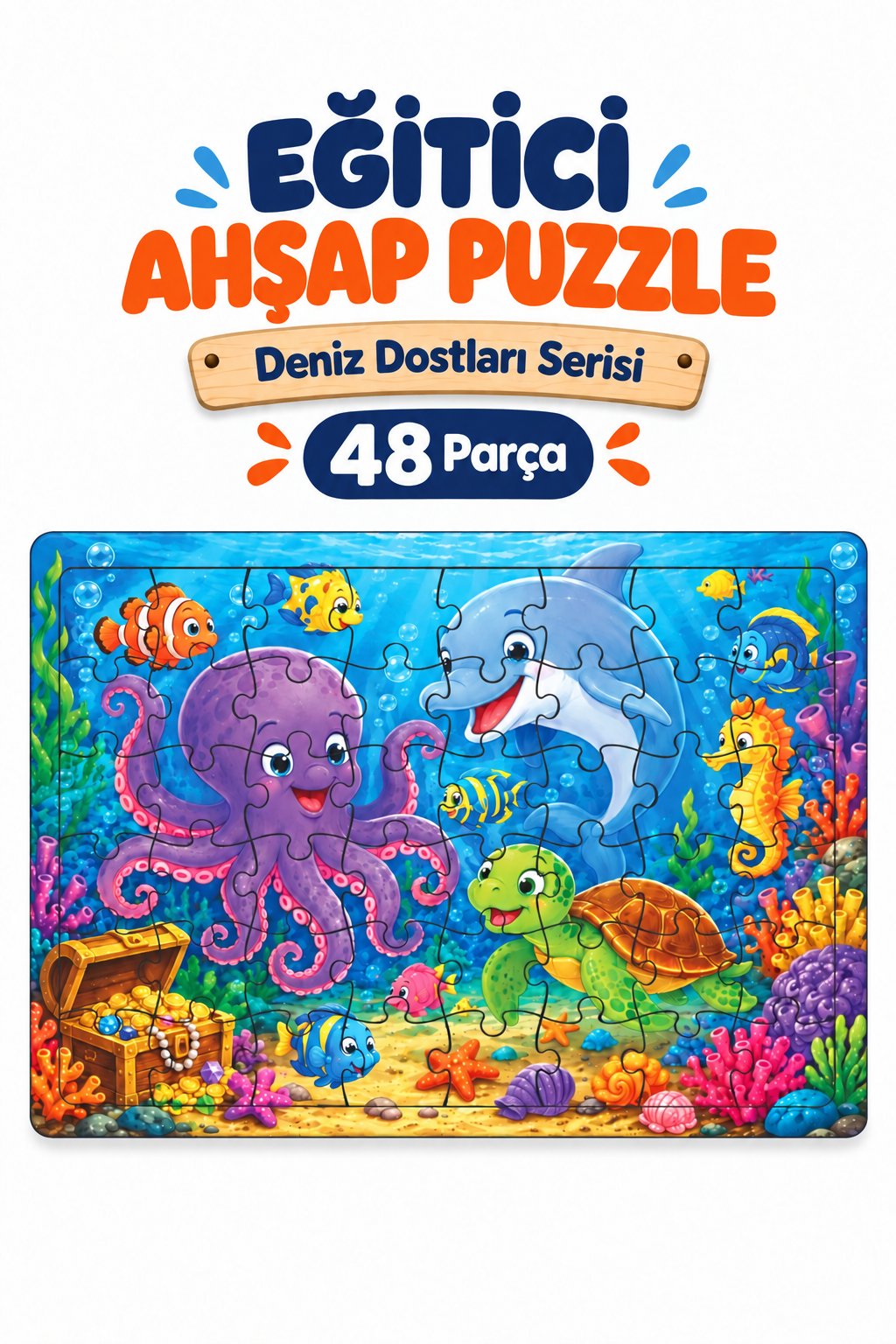 48 Parça Deniz Dostları Temalı Puzzle Çocuk Eğitici Yapboz Oyunu 27,5x19,5 Cm