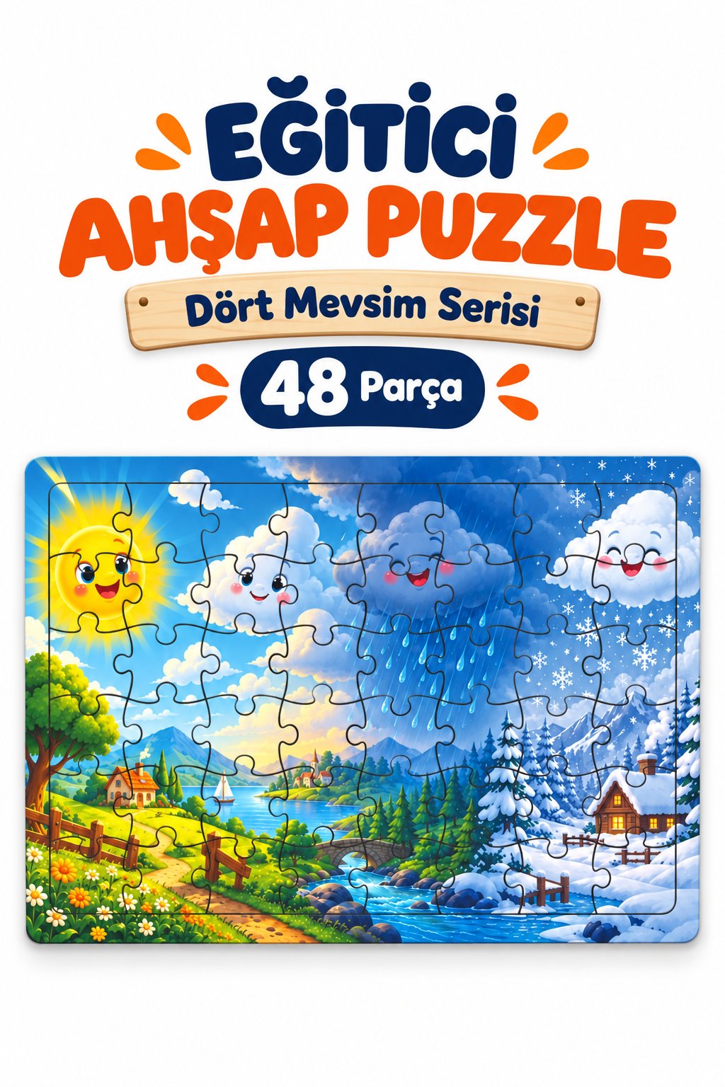 48 Parça Dört Mevsim Temalı Puzzle Çocuk Eğitici Yapboz Oyunu 27,5x19,5 Cm