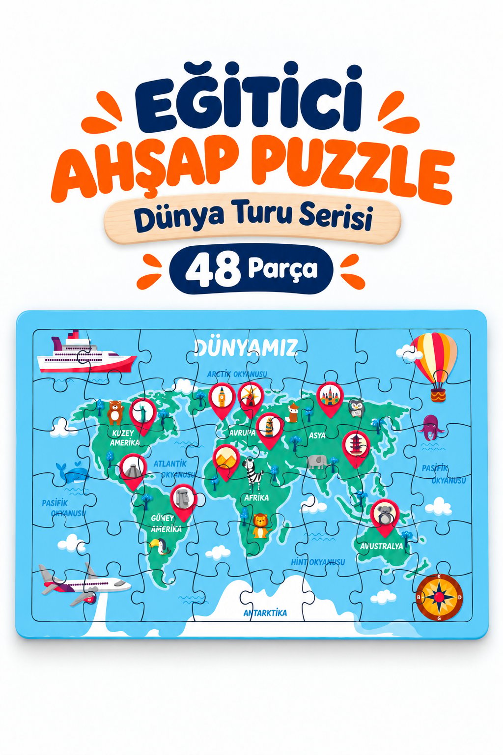 48 Parça Dünya Turu Temalı Puzzle Çocuk Eğitici Yapboz Oyunu 27,5x19,5 Cm