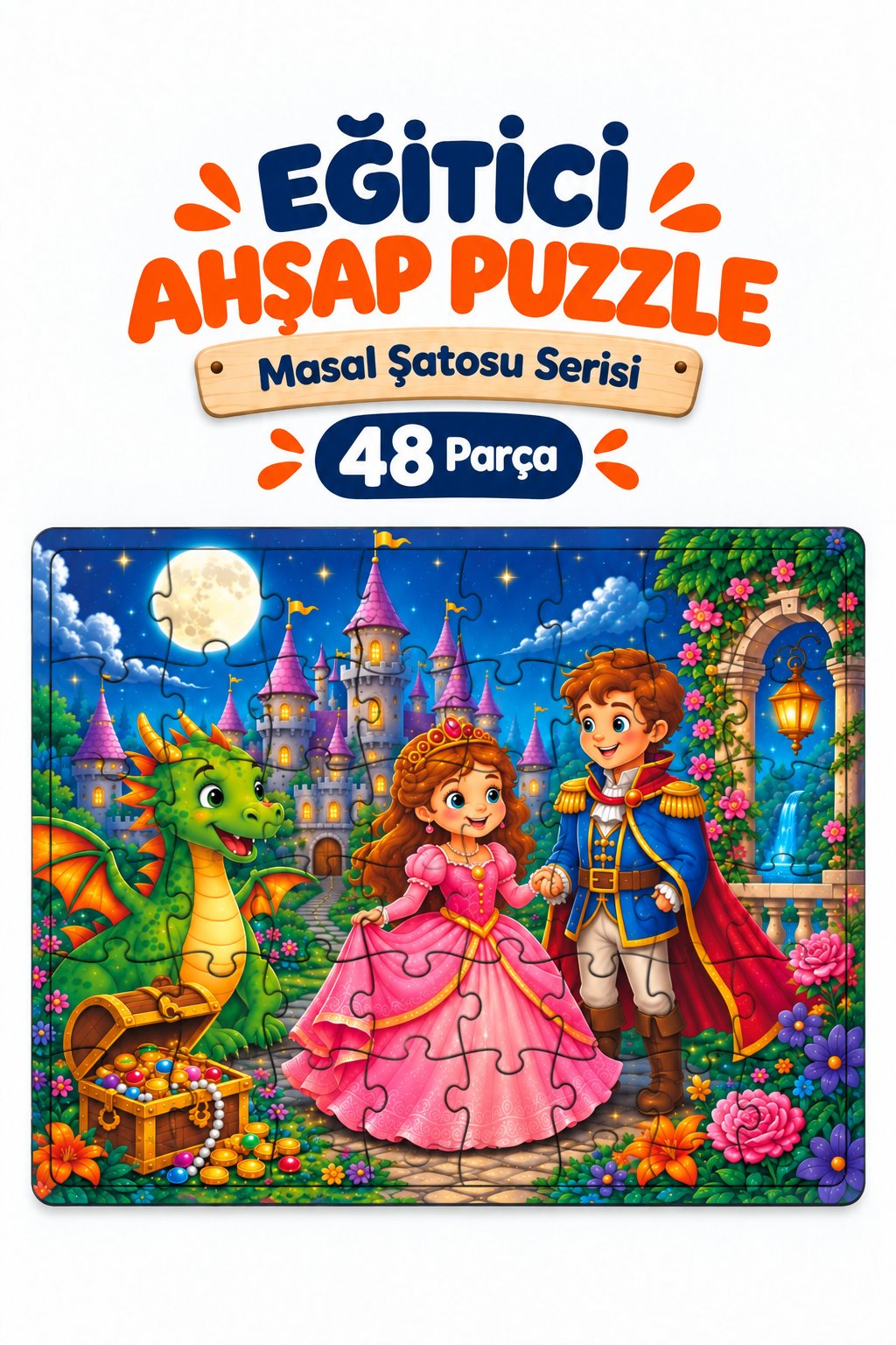 48 Parça Masal Şatosu Temalı Puzzle Çocuk Eğitici Yapboz Oyunu 27,5x19,5 Cm