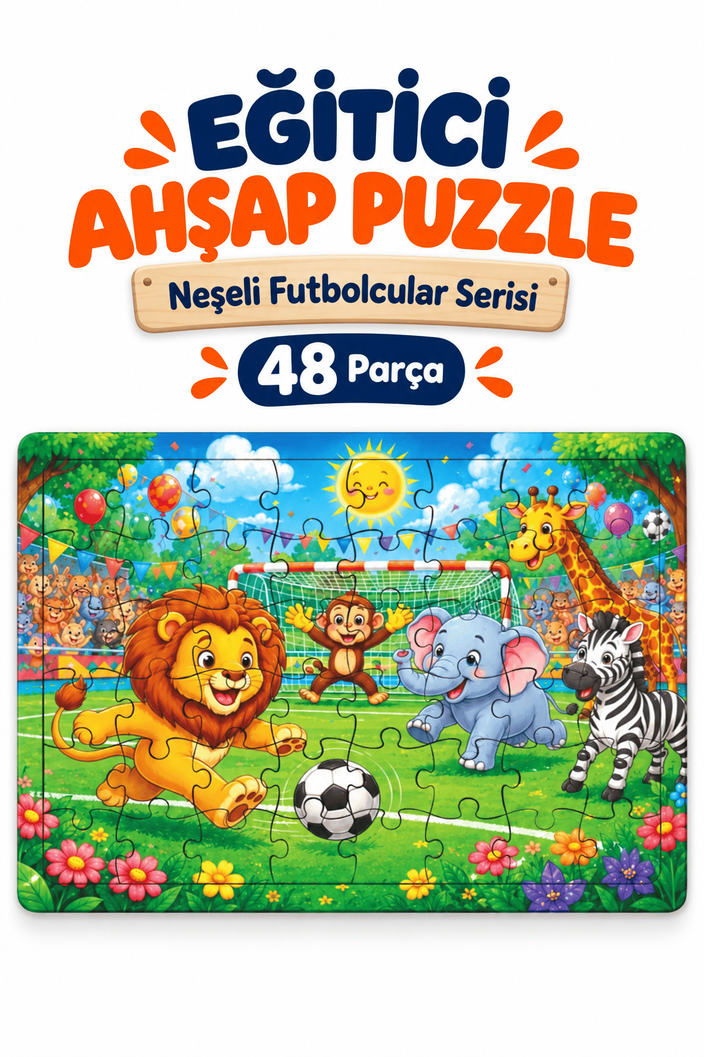 48 Parça Neşeli Futbolcular Temalı Puzzle Çocuk Eğitici Yapboz Oyunu 27,5x19,5 Cm