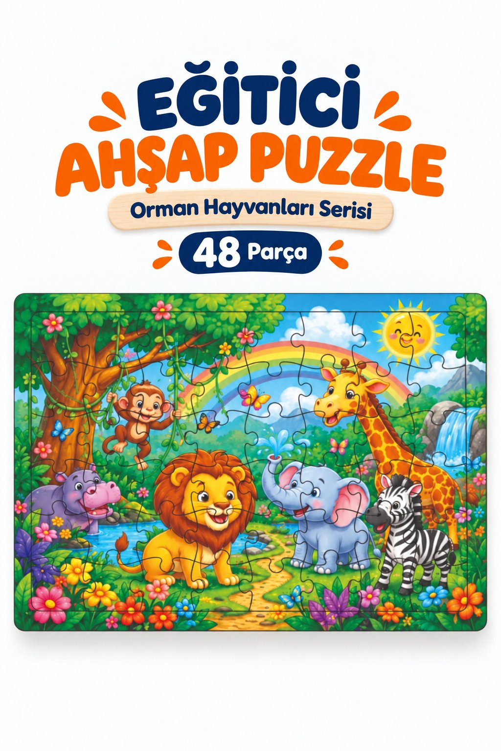 48 Parça Orman Hayvanları Temalı Puzzle Çocuk Eğitici Yapboz Oyunu 27,5x19,5 Cm