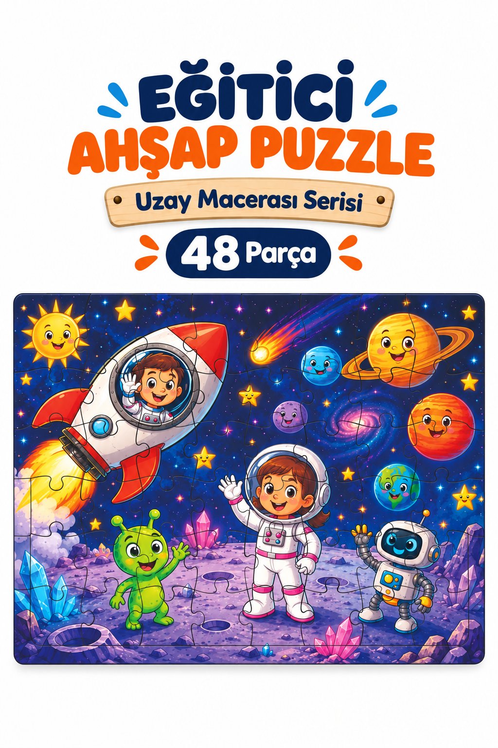 48 Parça Uzay Macerası Temalı Puzzle Çocuk Eğitici Yapboz Oyunu 27,5x19,5 Cm