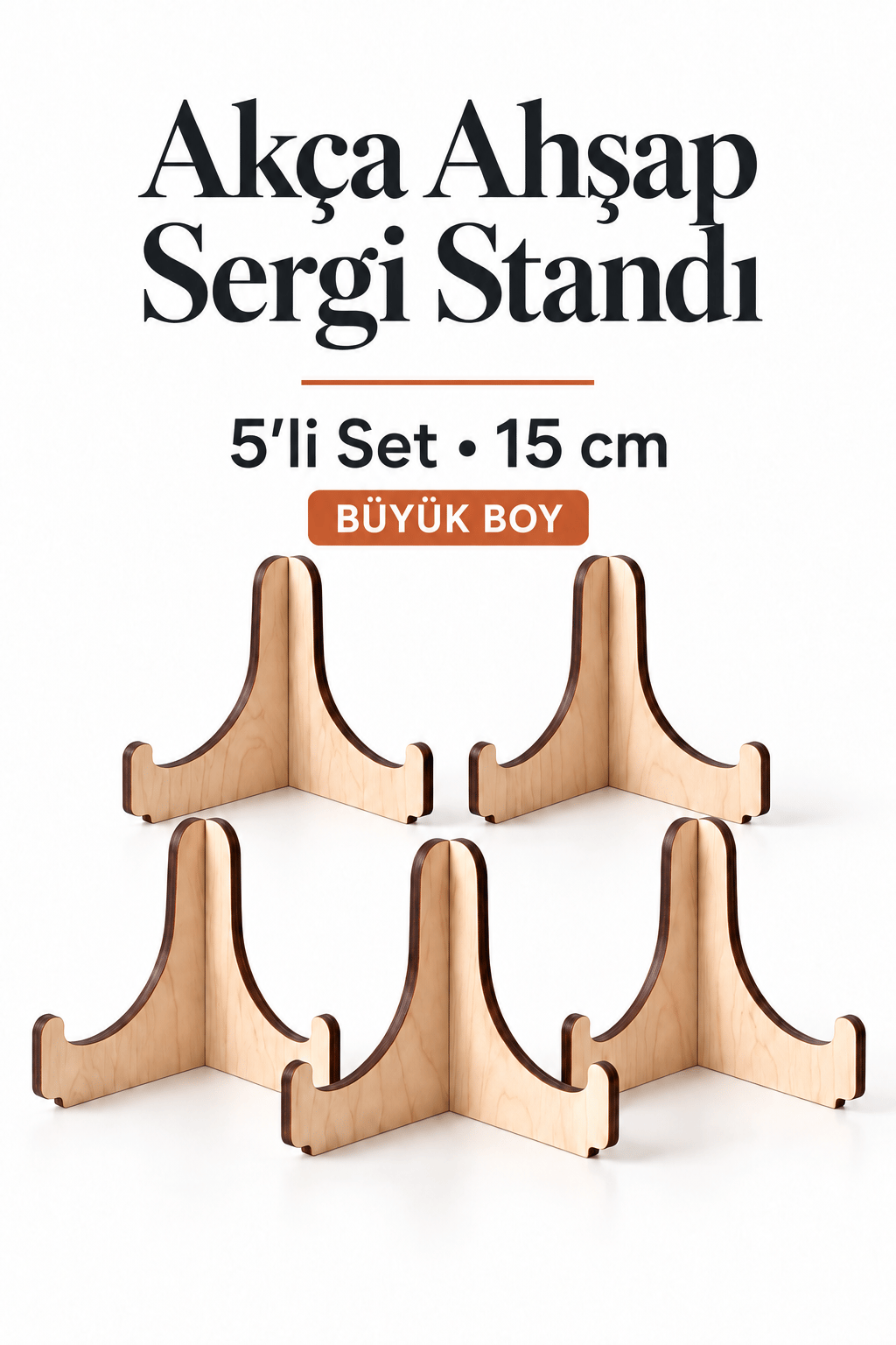 5'Li Büyük Boy Akça Ahşap Çerçeve Tabak Kitap Fotoğraf Çerçevesi Standı Sergi Seti 15 Cm