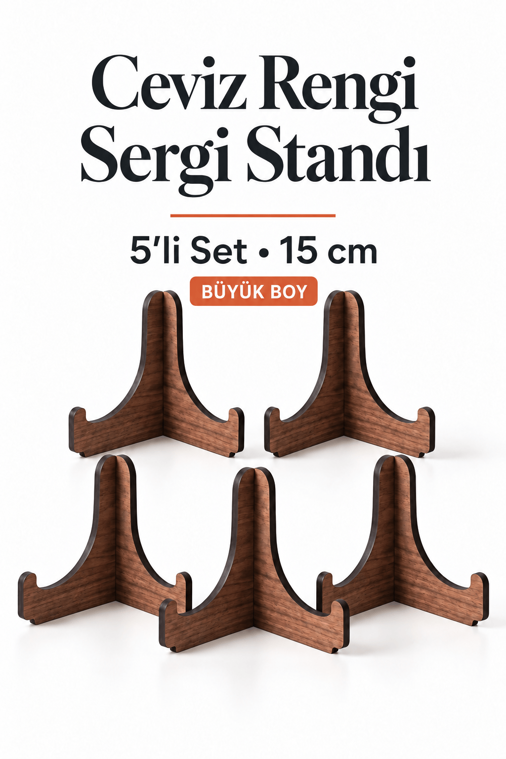5'Li Büyük Boy Ceviz Ahşap Çerçeve Tabak Kitap Fotoğraf Çerçevesi Standı Sergi Seti 15 Cm