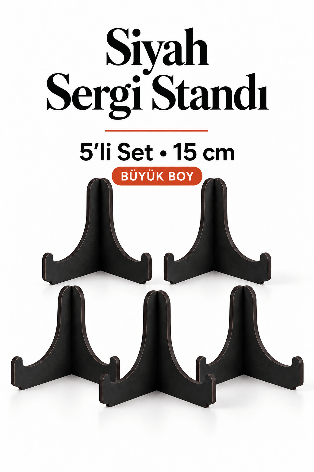 5'Li Büyük Boy Siyah Ahşap Çerçeve Tabak Kitap Fotoğraf Çerçevesi Standı Sergi Seti 15 Cm