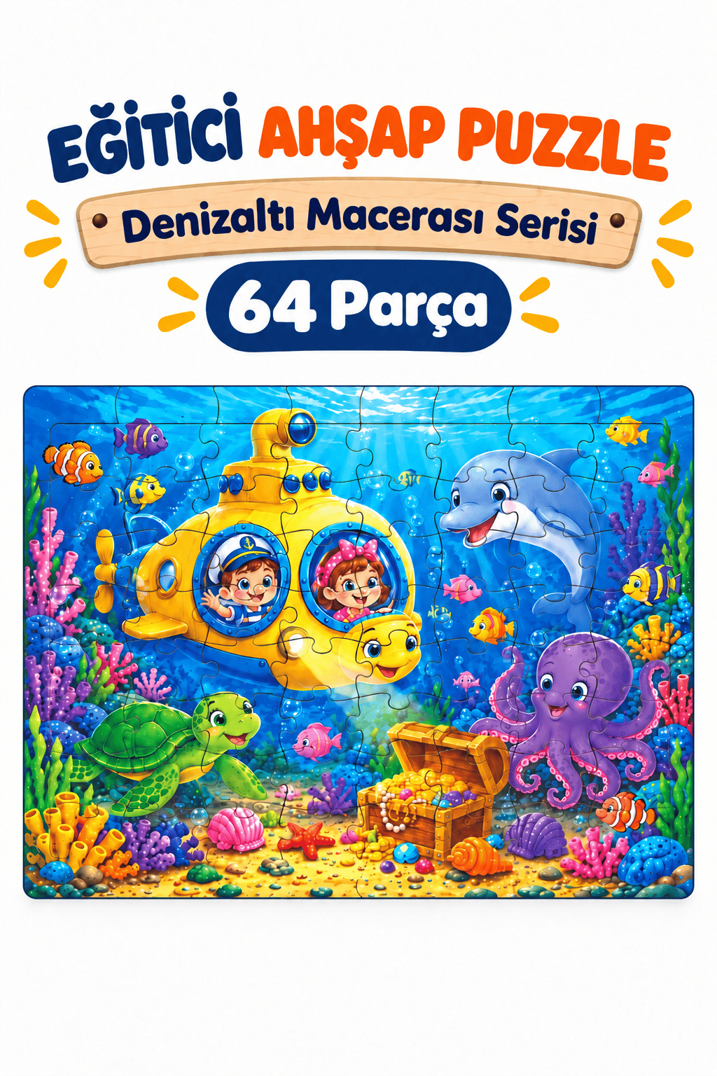 64 Parça Denizaltı Macerası Temalı Puzzle Çocuk Eğitici Yapboz Oyunu 27,5x19,5 Cm