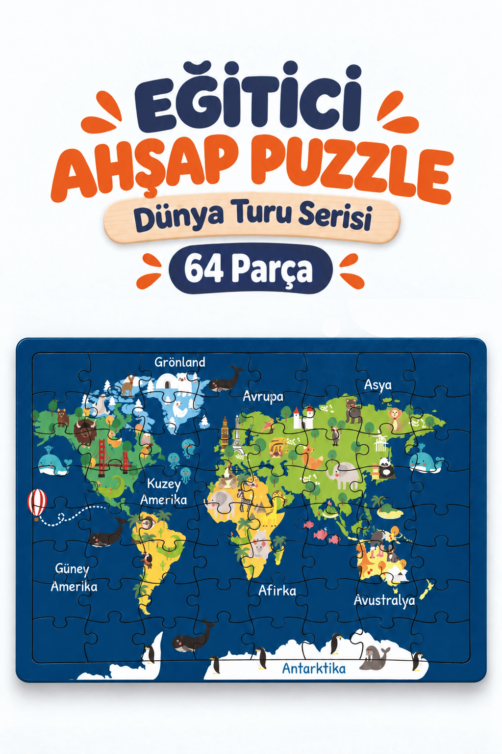 64 Parça Dünya Turu Temalı Puzzle Çocuk Eğitici Yapboz Oyunu 27,5x19,5 Cm 