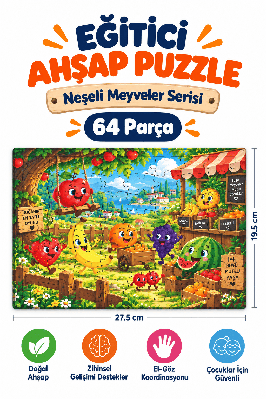64 Parça Neşeli Meyveler Temalı Puzzle Çocuk Eğitici Yapboz Oyunu 27,5x19,5 Cm