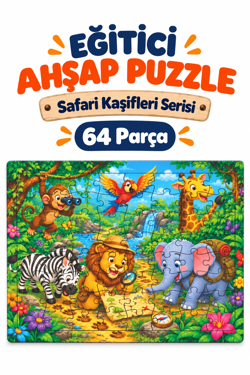 64 Parça Safari Kaşifler Temalı Puzzle Çocuk Eğitici Yapboz Oyunu 27,5x19,5 Cm 