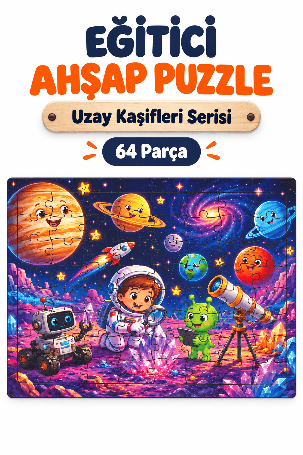 64 Parça Uzay Kaşifler Temalı Puzzle Çocuk Eğitici Yapboz Oyunu 27,5x19,5 Cm