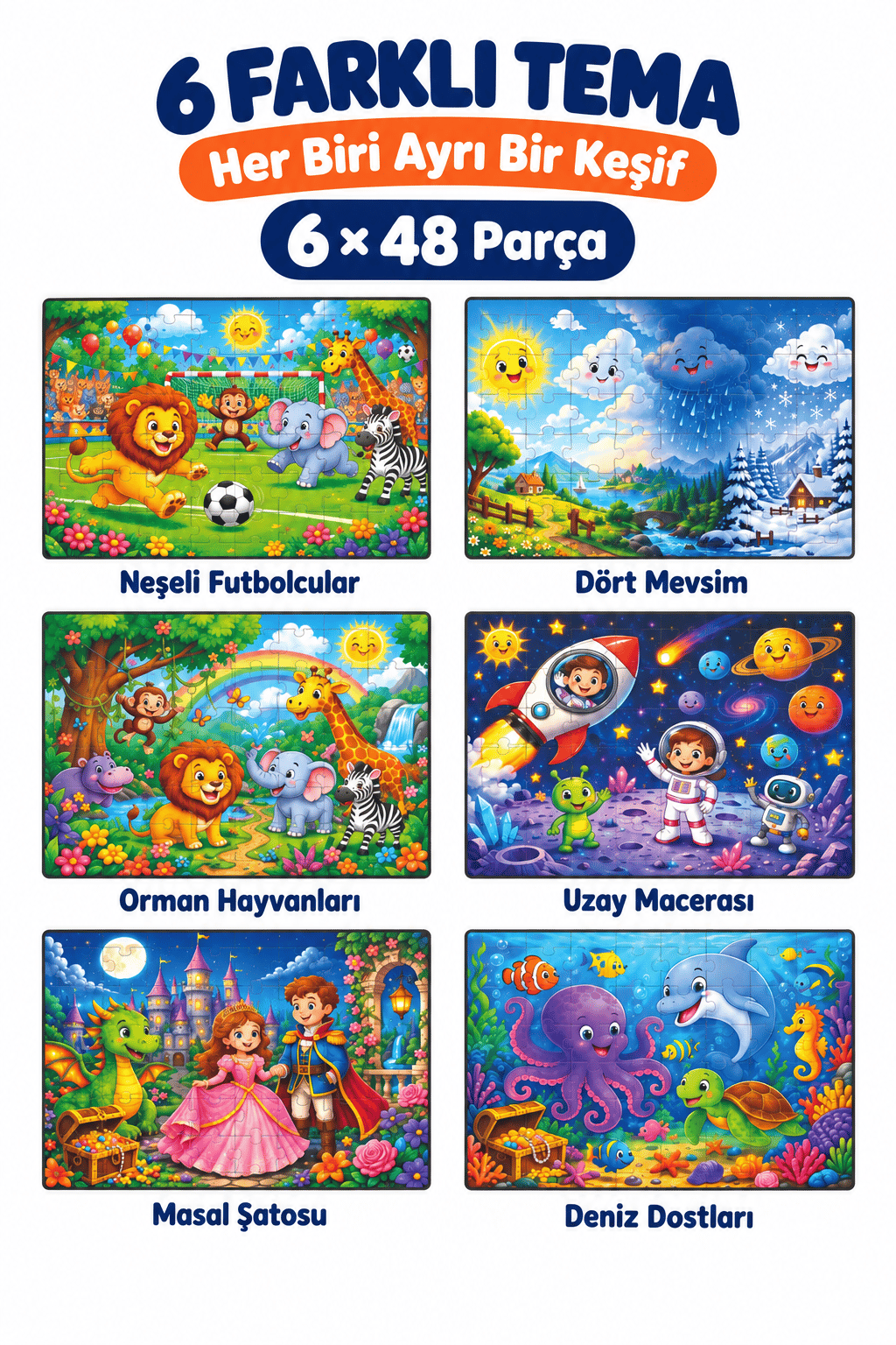 6'lı 48 Parça Çocuk Puzzle Seti Eğitici Yapboz Oyunu – Futbol, Orman, Mevsimler, Masal, Deniz ve Uzay Temalı Set 27,5x19,5 Cm