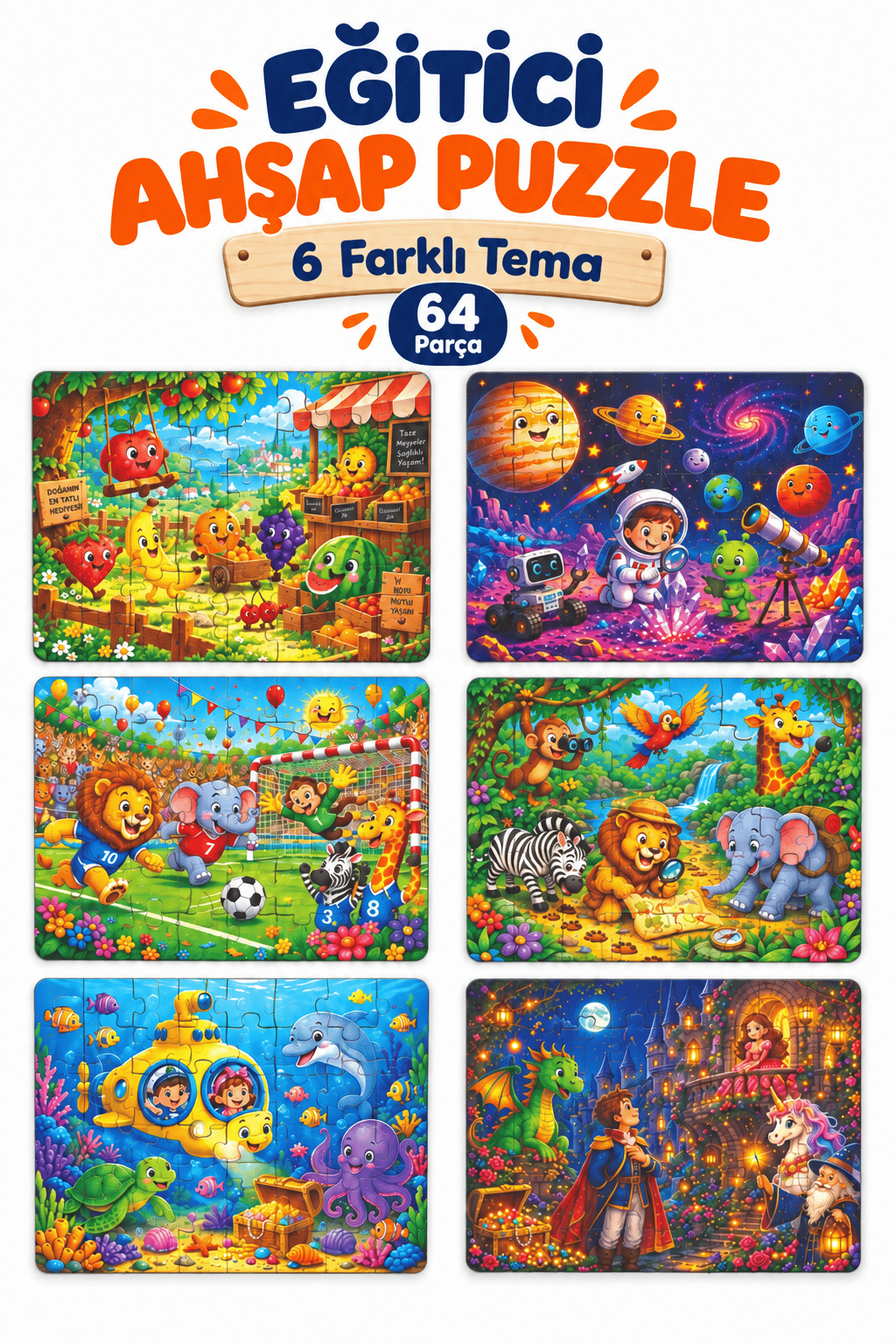 6'lı 64 Parça Puzzle Seti 27,5x19,5 cm Çocuk Eğitici Yapboz Oyunu – Futbol, Safari, Şato, Uzay, Meyve ve Denizaltı Temalı