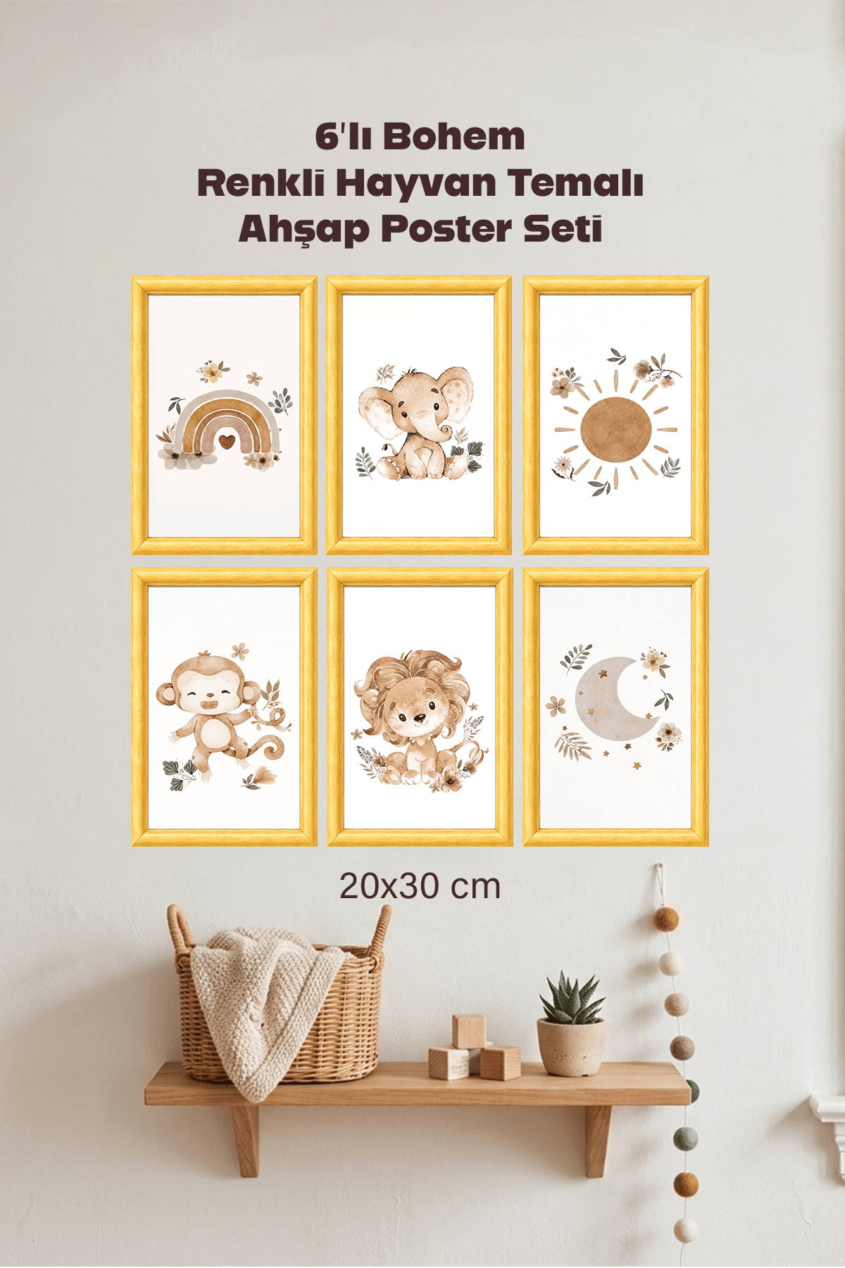 6'Lı Ahşap Bohem Renkli Hayvan Tasarımlı Çocuk ve Bebek Odası Çerçevesiz Poster Seti 20x30 cm