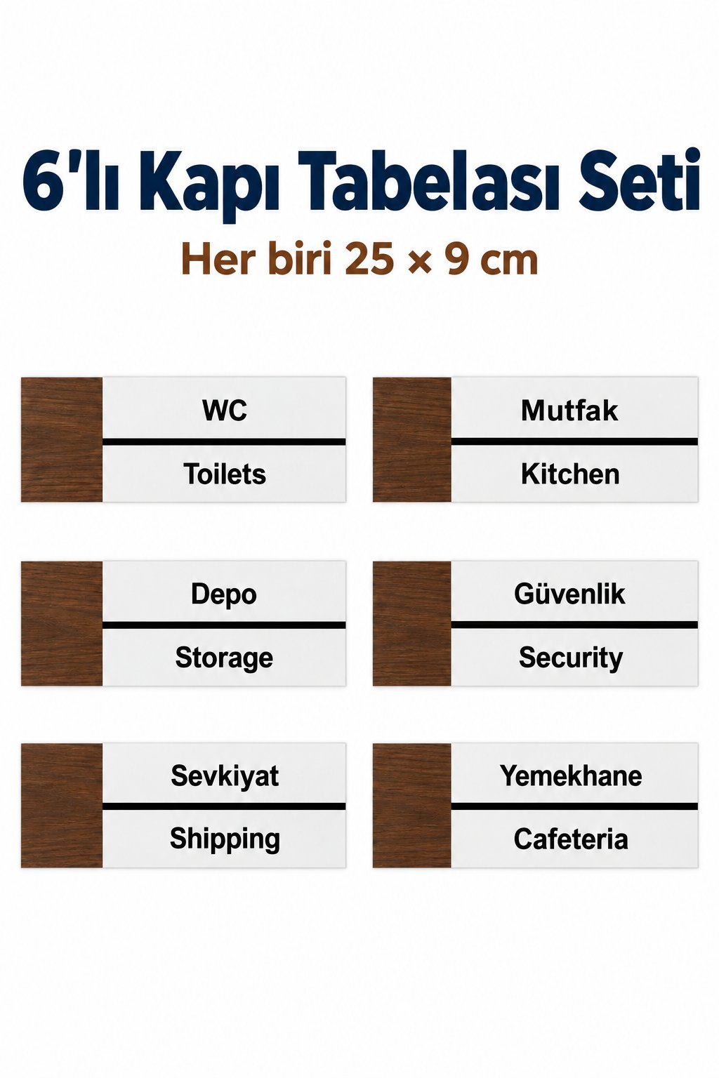 6'Lı Ofis Alanları Oda Kapı İsimliği Yönlendirme Tabelası Levhası Seti 25x9cm