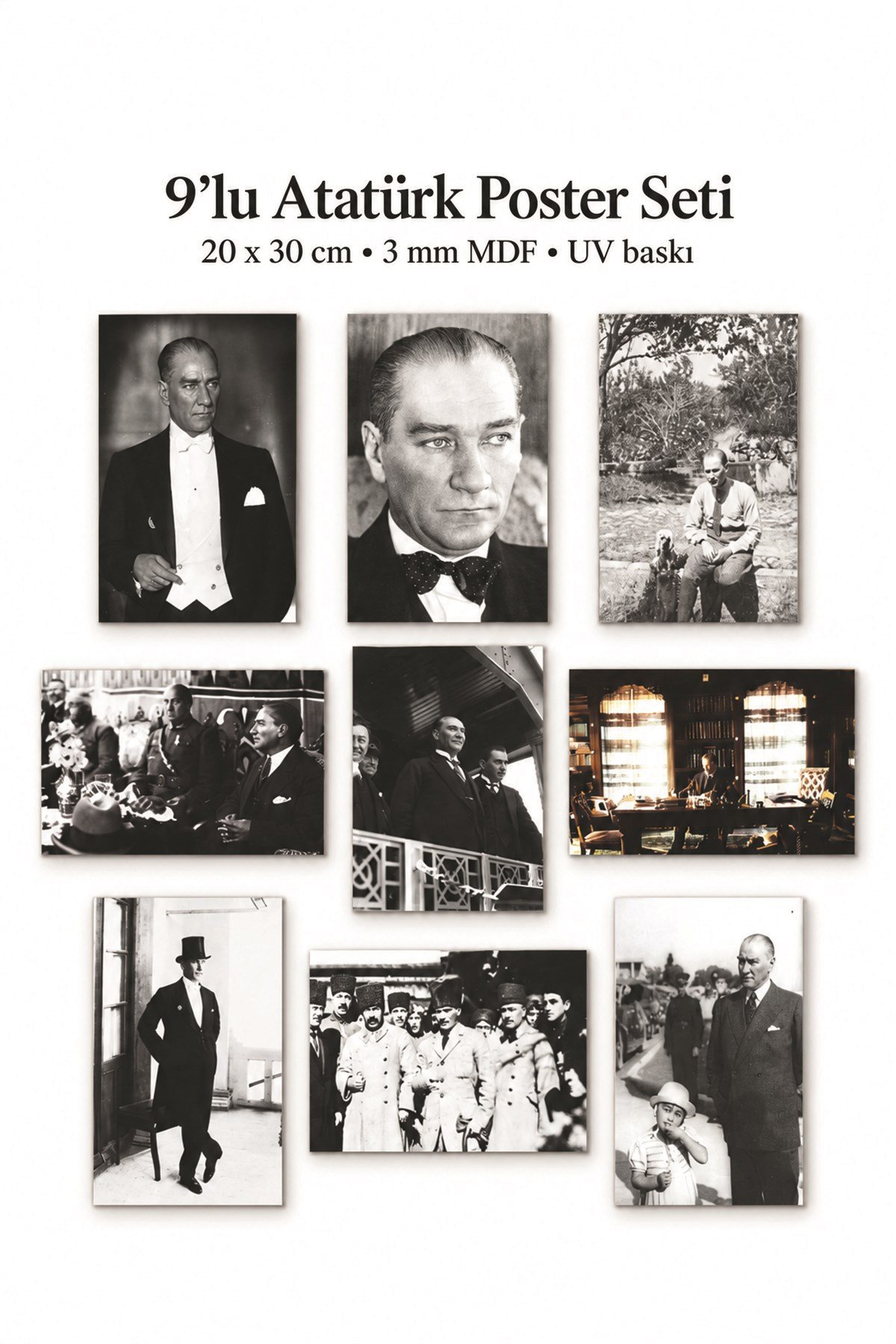 9'Lu Mustafa Kemal Atatürk Temalı Estetik Ahşap Duvar Dekoru 20x30 cm Modern Mutfak,Salon,Kafe Dekorasyonu Seti