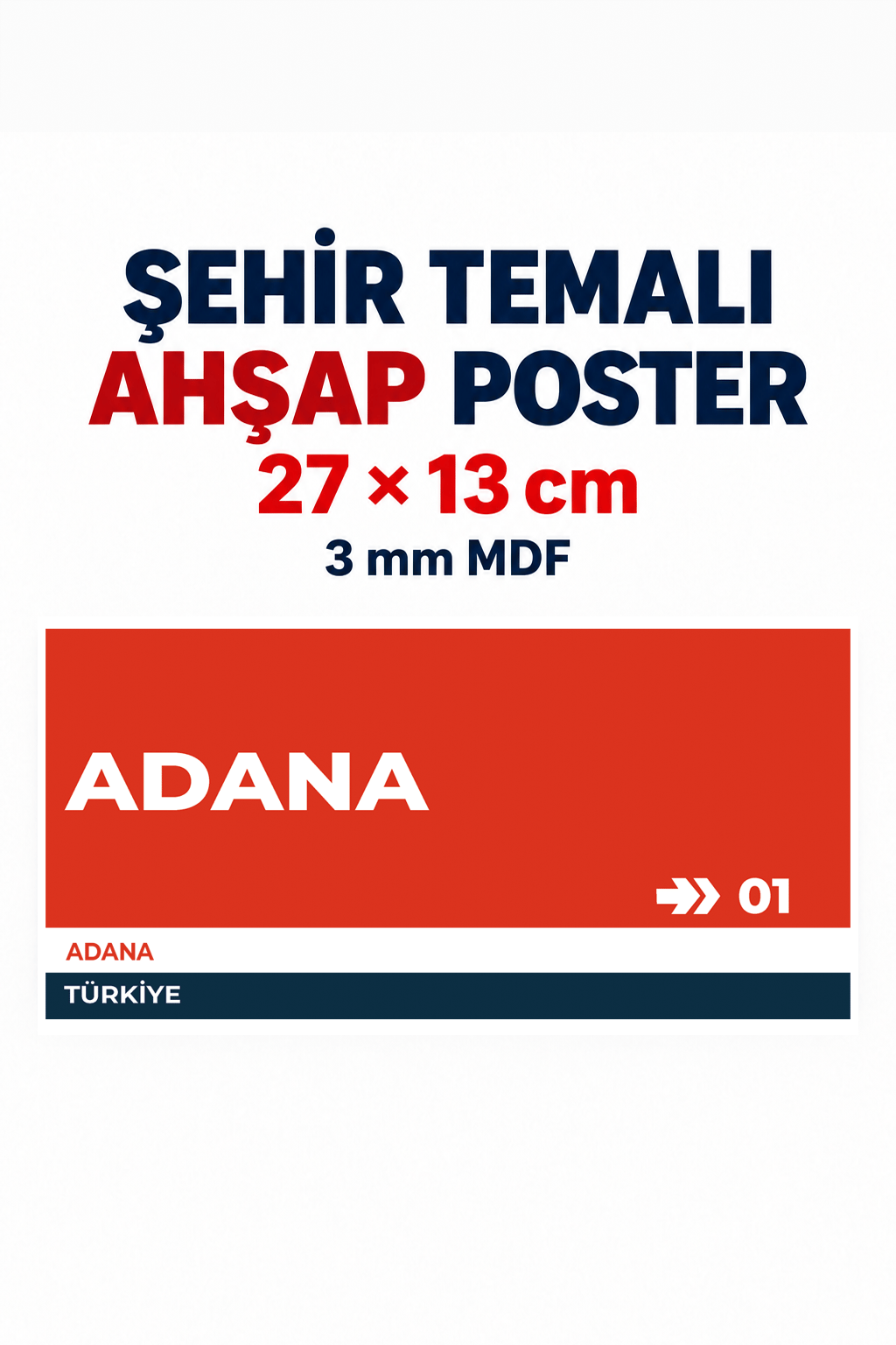 Adana 01 Dekoratif Şehir Plaka Retro Tablo MDF Ahşap Tablo Sokak Tabelası Hediyelik 27x13cm