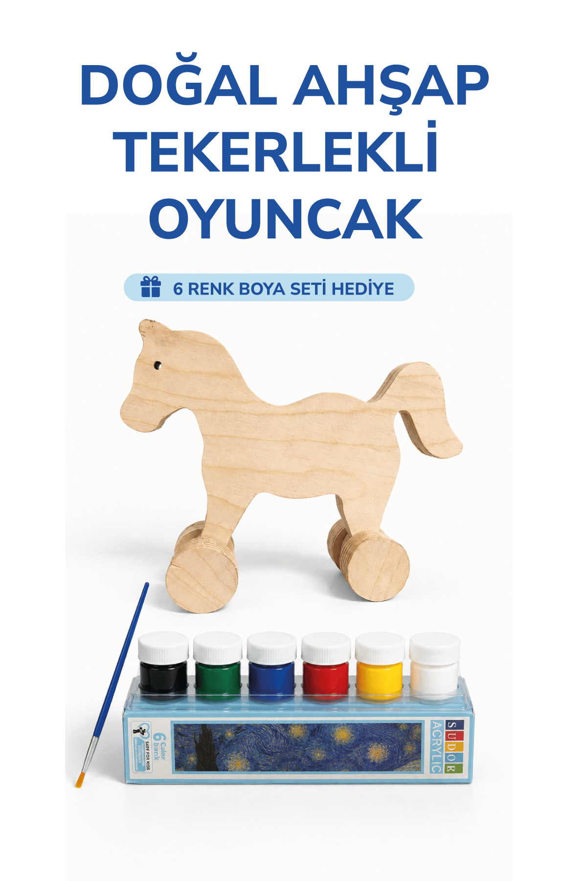 Ahşap At Oyuncak Doğal El Yapımı Boyanabilir Eğitici Oyuncak+6'lı Boya Seti Hediye