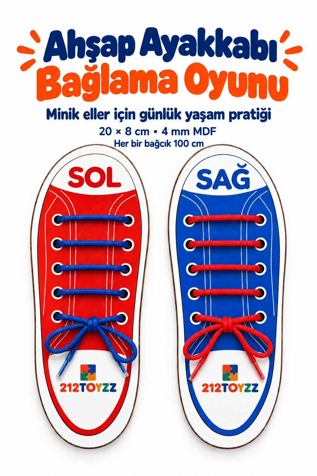Ahşap Ayakkabı Bağlama Oyunu – Sağ Sol Öğretici Bağcık Geçirme Eğitici Aktivite Oyuncağı