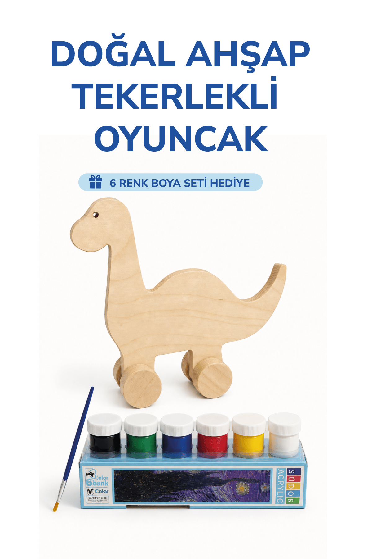 Ahşap Dinazor Oyuncak Doğal El Yapımı Boyanabilir Eğitici Oyuncak+6'lı Boya Seti Hediye