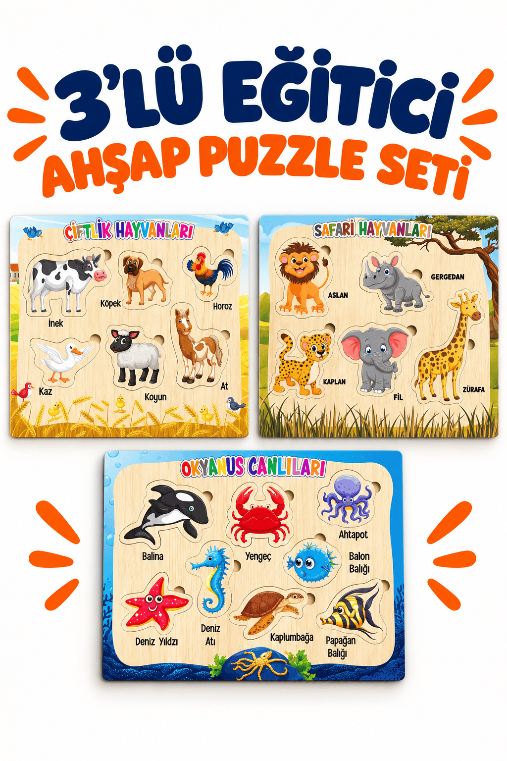 Ahşap Eğitici 3’lü Puzzle Seti – Çiftlik Hayvanları, Okyanus Canlıları ve Safari Hayvanları 3 Parçalı Yapboz Oyuncak