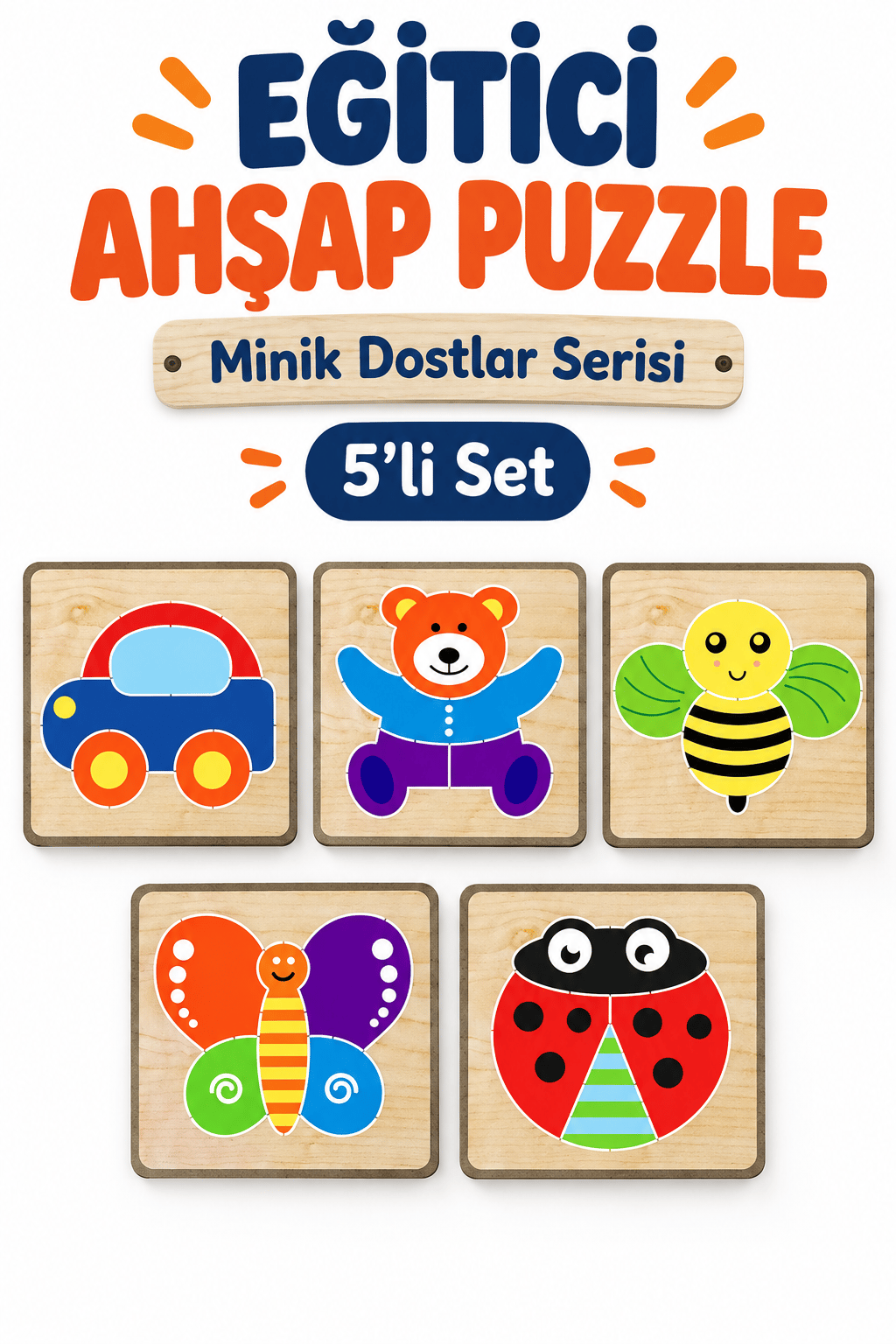 Ahşap Eğitici 3D Puzzle 5’li Set – 5 Parçalı Öğretici Ahşap Yapboz Oyuncak