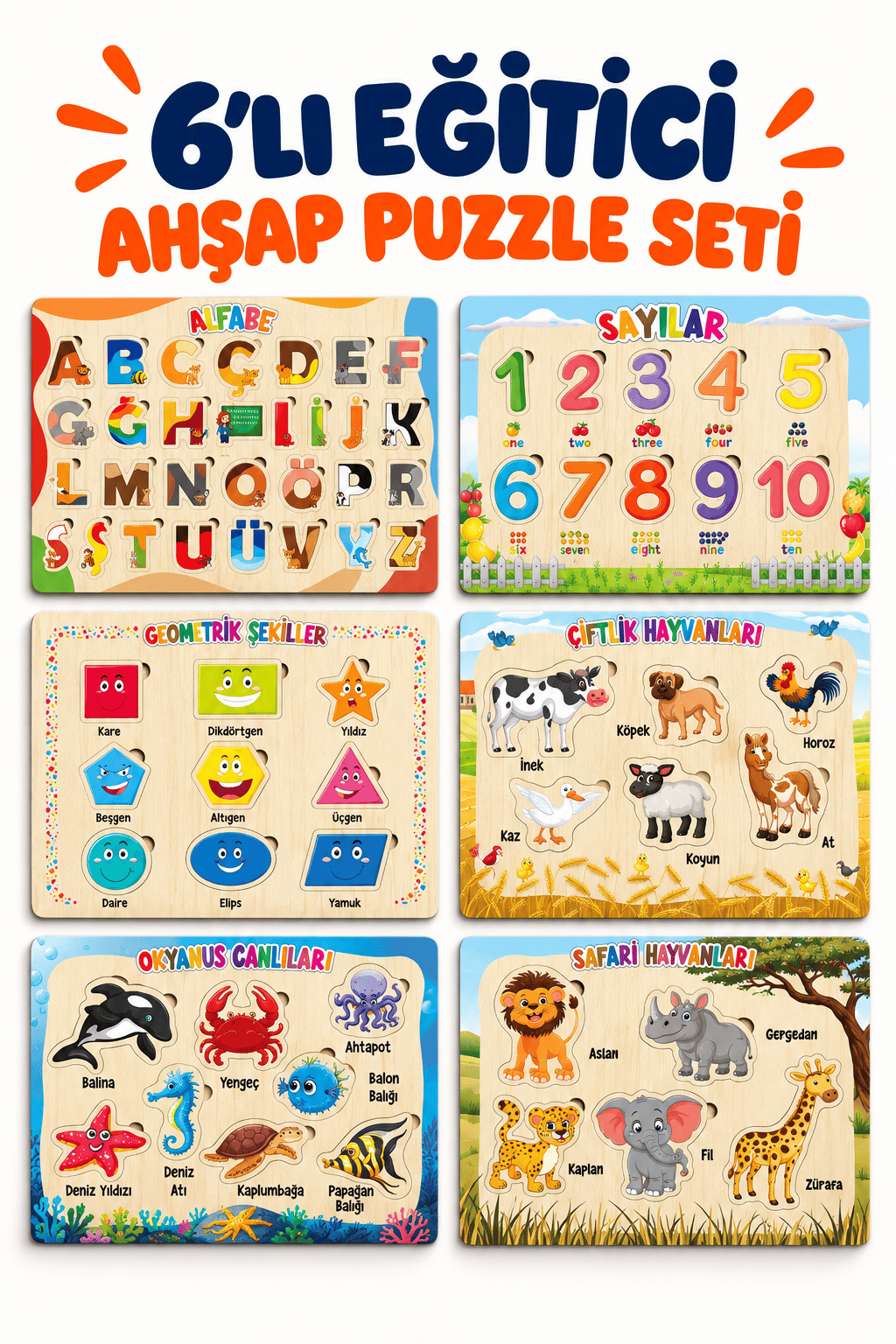 Ahşap Eğitici 6 Parçalı Puzzle Seti – Alfabe, Geometrik Şekiller, Çiftlik Hayvanları, Okyanus Canlıları ve Safari Hayvanları Yapboz Oyuncak