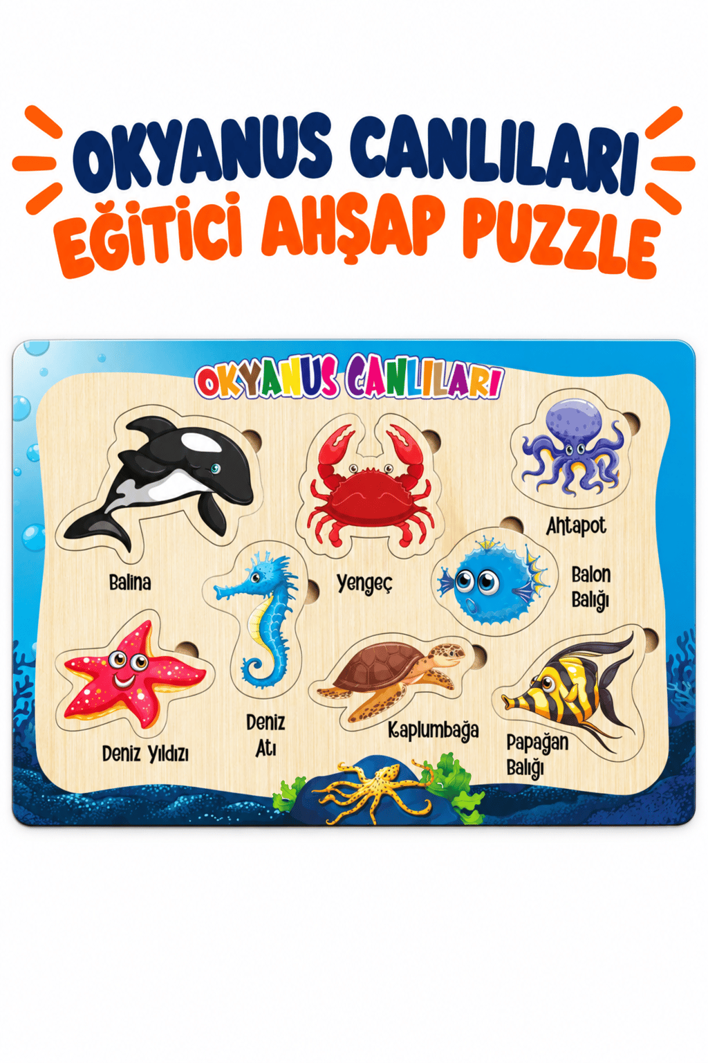 Ahşap Eğitici Deniz Hayvanları Puzzle – Deniz Canlılarını Öğreniyorum Renkli Öğretici Yapboz Oyuncak