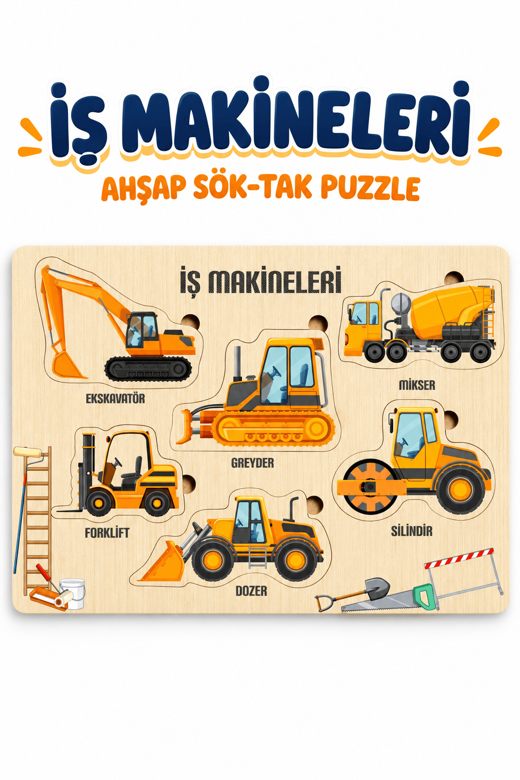 Ahşap Eğitici İş Makineleri Sök Tak Bultak Puzzle – Çocuklar İçin Öğretici İş Makineleri Yapboz Oyuncak