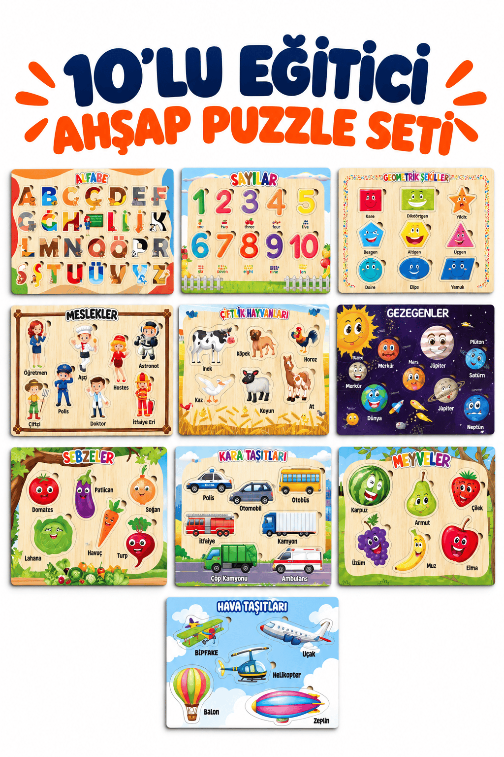 Ahşap Eğitici Öğretici 10 Parça Mega Puzzle Seti – Alfabe, Sayılar ve Güneş Sistemi Karışık Ahşap Yapboz Oyuncak