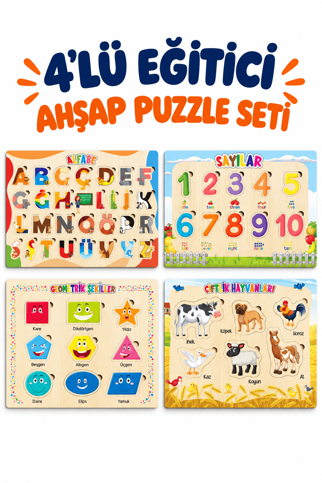 Ahşap Eğitici Öğretici 4’lü Puzzle Seti – Alfabe, Sayılar, Geometrik Şekiller ve Çiftlik Hayvanları Yapboz Oyuncak