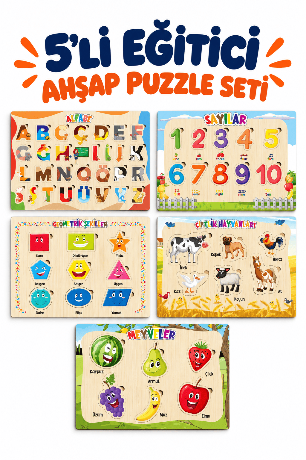 Ahşap Eğitici Öğretici 5’li Puzzle Seti – Alfabe, Sayılar, Geometrik Şekiller, Sebzeler ve Hayvanlar Yapboz Oyuncak