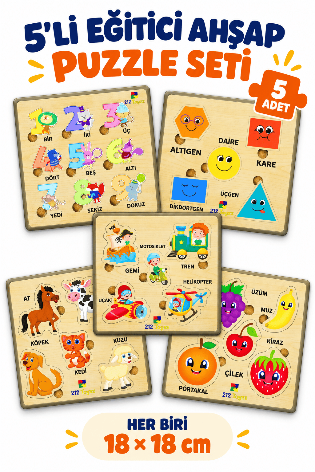 Ahşap Eğitici Puzzle 5’li Set – Taşıtlar, Rakamlar, Meyveler, Geometrik Şekiller ve Orman Hayvanları Sök Tak Yapboz