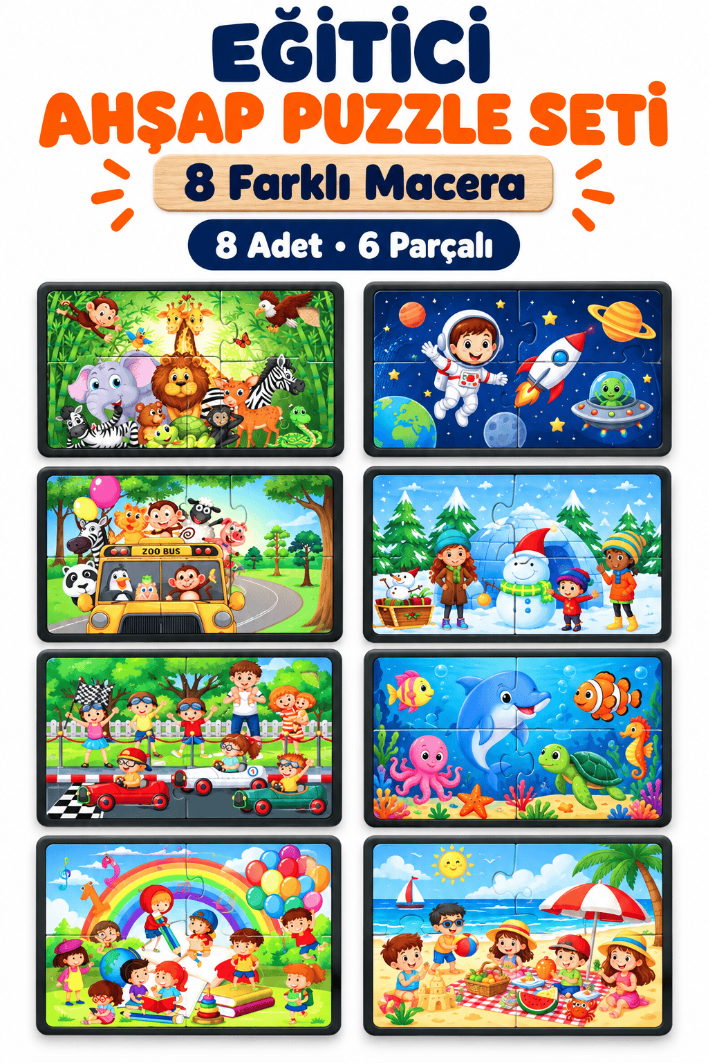 Ahşap Eğitici Puzzle 8’li Set – 6 Parçalı Çocuk Yapboz Oyuncak, Öğretici Ahşap Puzzle Seti