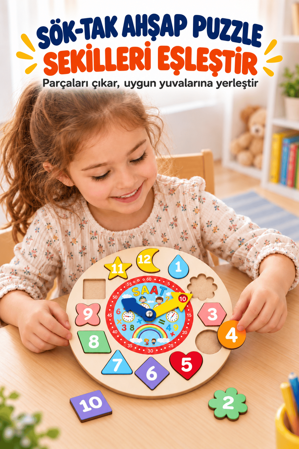 Ahşap Eğitici Saat 26 cm – Geometrik Şekilli Puzzle, Sayı ve Saat Öğretici Çocuk Oyuncağı