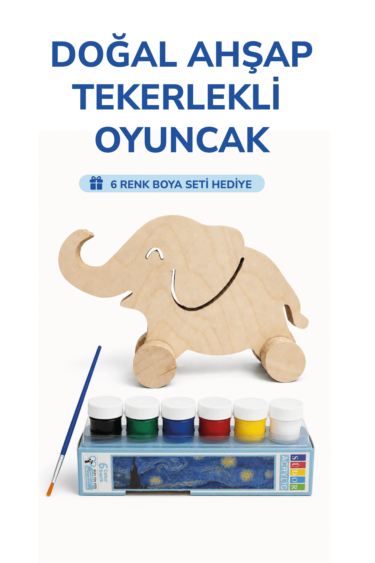 Ahşap Fil Oyuncak Doğal El Yapımı Boyanabilir Eğitici Oyuncak+6'lı Boya Seti Hediye