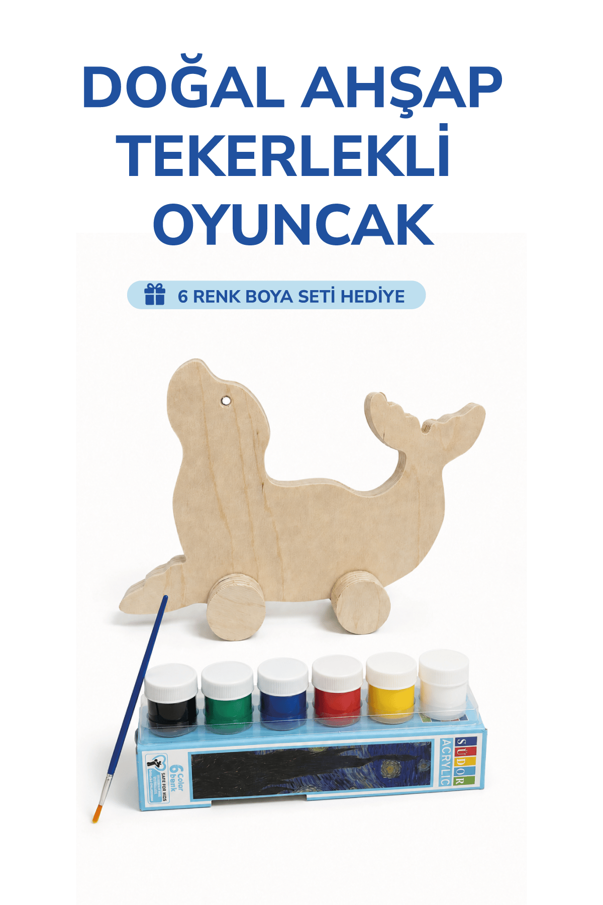 Ahşap Fog Oyuncak Doğal El Yapımı Boyanabilir Eğitici Oyuncak+6'lı Boya Seti Hediye