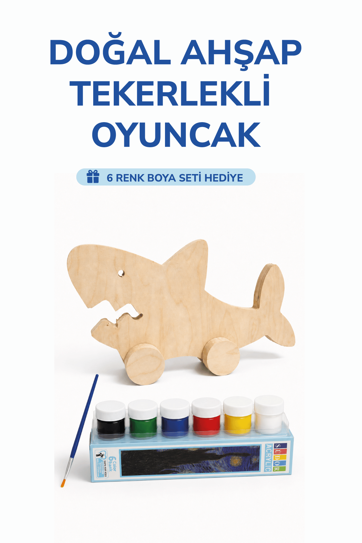 Ahşap Köpek Balığı Oyuncak Doğal El Yapımı Boyanabilir Eğitici Oyuncak+6'lı Boya Seti Hediye