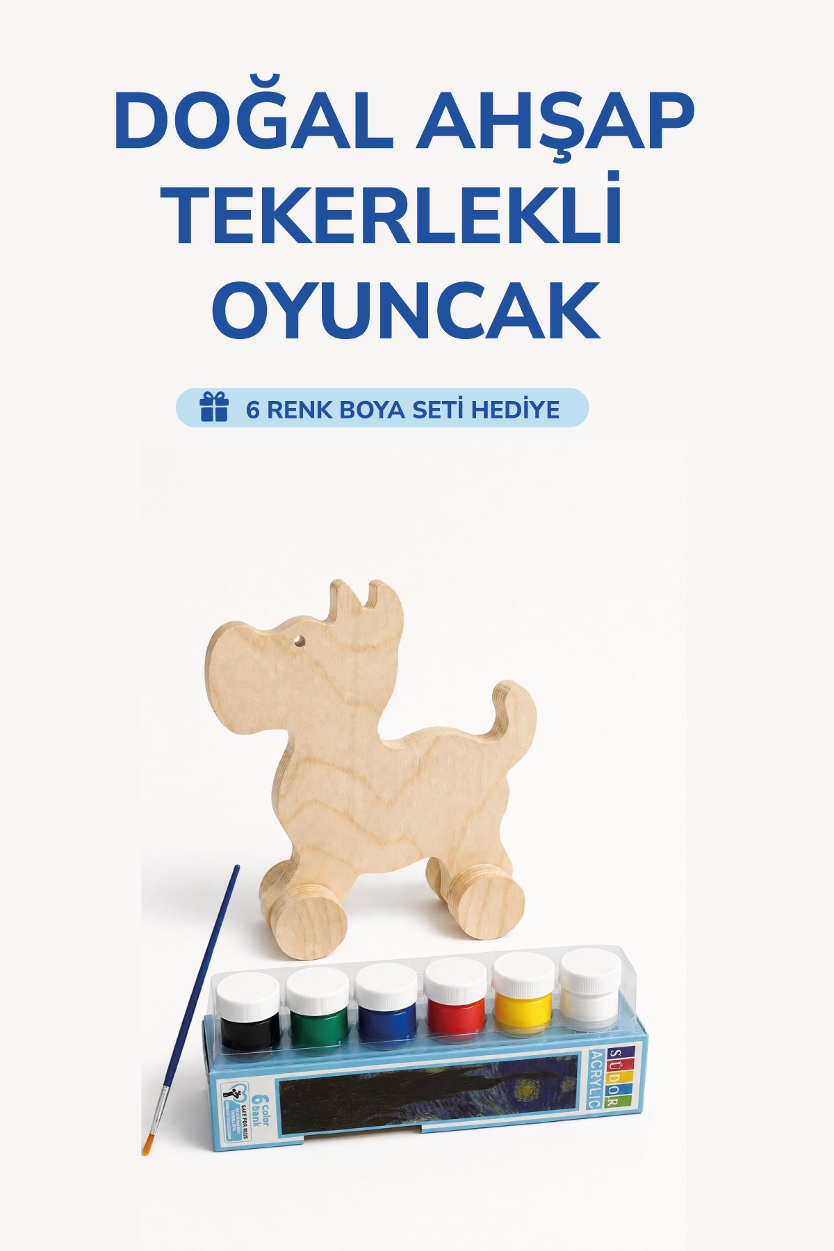 Ahşap Köpek Oyuncak Doğal El Yapımı Boyanabilir Eğitici Oyuncak+6'lı Boya Seti Hediye