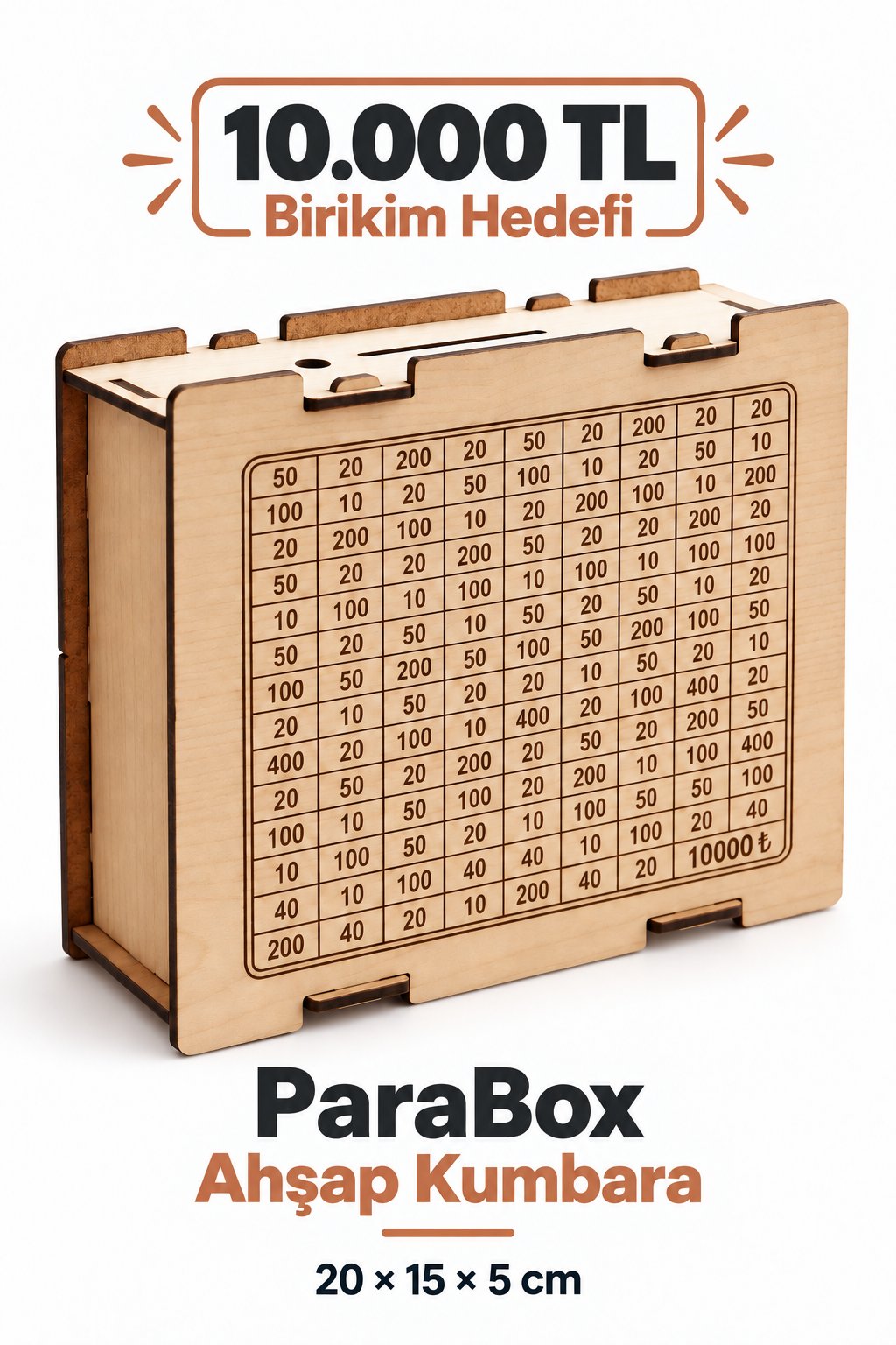 Ahşap Parabox Kumbara 10.000 TL – Para Biriktirme Hedef Kutusu, Dekoratif Ahşap Tasarruf Kumbarası